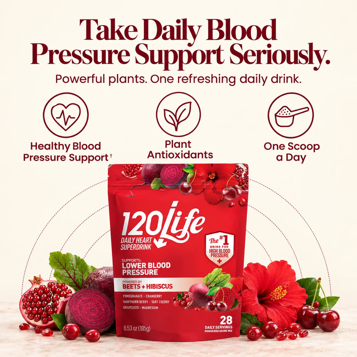Take daily blood pressure support seriously: plant antioxidants and one scoop a day.