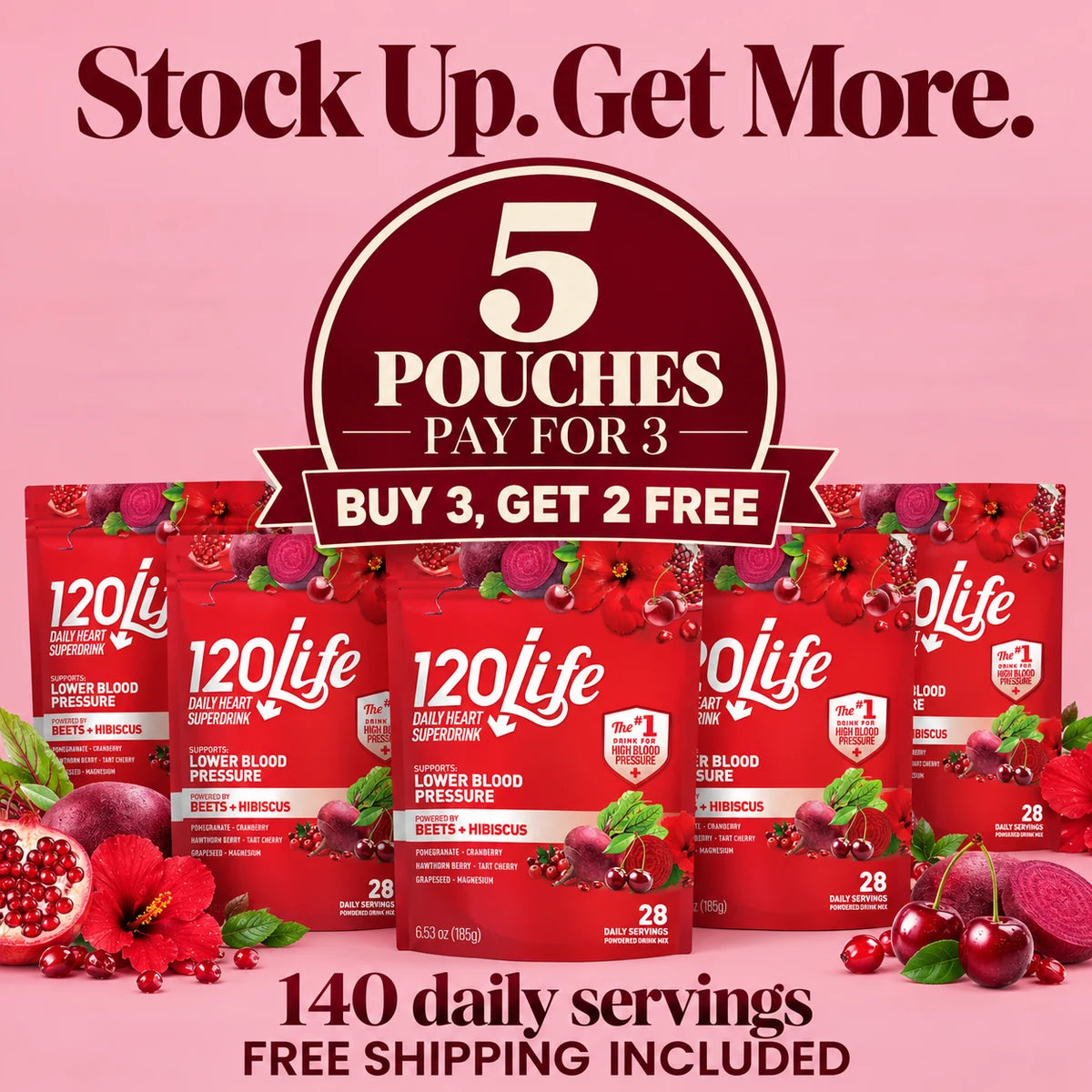 Buy 3, get 2 free: receive 5 pouches, 140 servings, with free shipping.