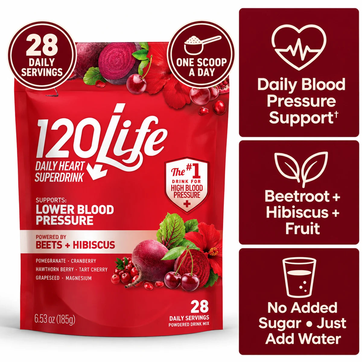 120/Life: daily blood pressure support, beetroot, hibiscus and fruit, no added sugar, 28 servings.