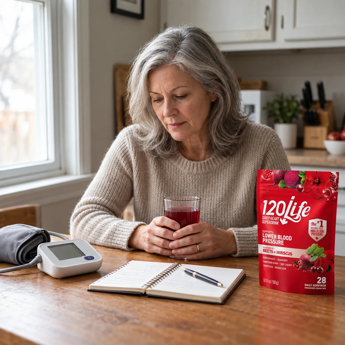 A woman considering her daily blood pressure routine, with a home monitor and 120/Life at the table
